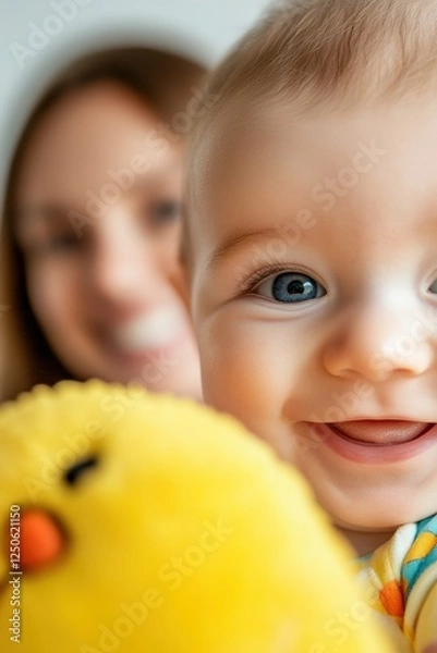 Fototapeta Baby smiling with a yellow plush toy, close-up, and a woman in the background, capturing joyful moments of parenthood and family bonding at home.