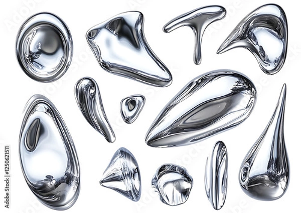 Fototapeta 3D render of fluid chrome liquid shapes isolated on white background PNG.AI GENERATED