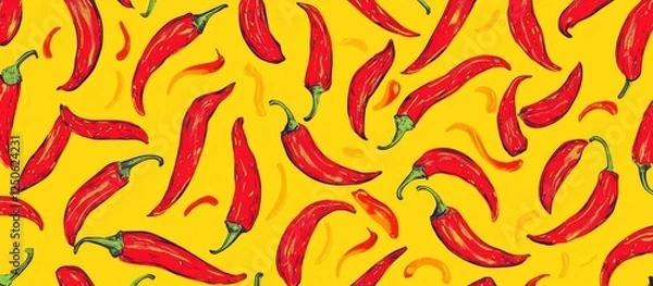 Fototapeta Seamless repeating pattern of red chili peppers on a vibrant yellow background for bold and colorful designs