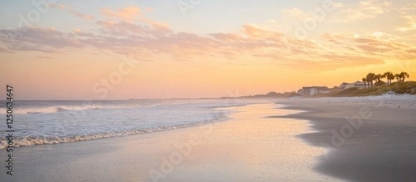 Fototapeta Tranquil sunset reflecting on calm beach waves with coastal palm trees in the background creating a serene landscape atmosphere.