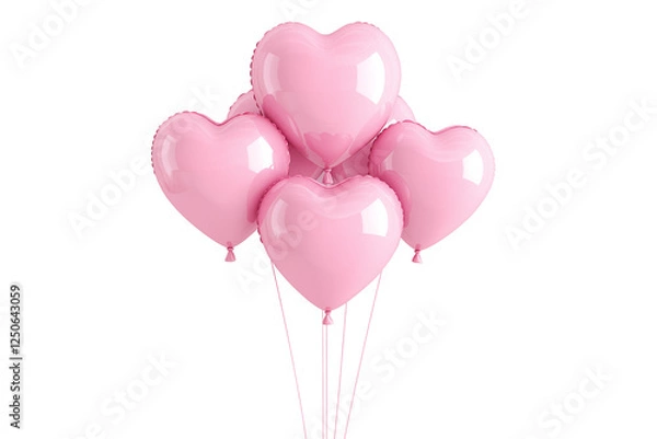Fototapeta A cluster of shiny pink heart-shaped balloons floating against white transparent background, symbolizing love and celebration of Valentine Day
