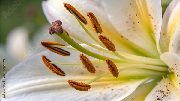 Obraz Detailed view of a white lily flower, featuring slender green stamens, brown pollen sacs, and a contrasting purple anther in soft greenery Generative AI