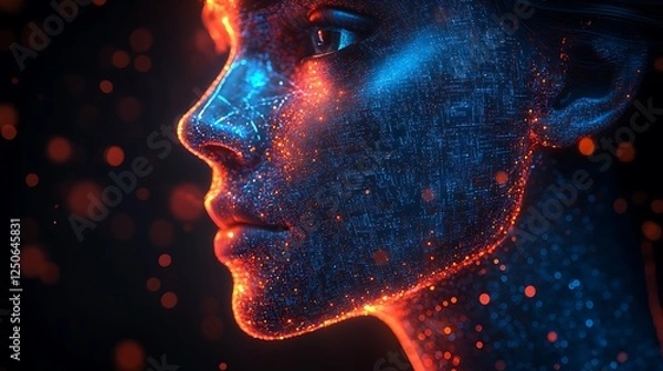 Fototapeta Abstract AI face with glowing cyber patterns and digital intelligence effects