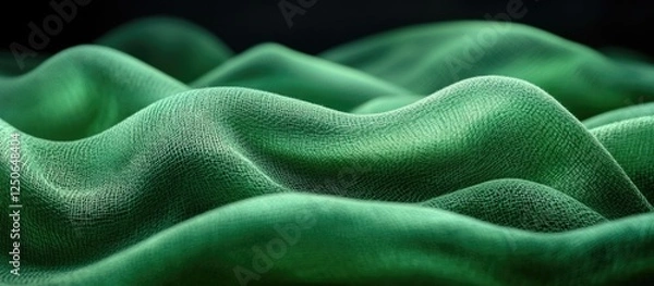 Fototapeta Luxurious green fabric texture with smooth, undulating waves creating a rich and elegant background for creative projects.