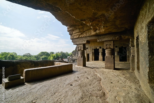 Obraz Exterior view of rockcut caves of Ellora caves complex, India.