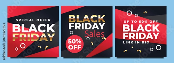 Fototapeta Black Friday sale template. Set of Editable minimal square banner template. Black and yellow background color with shape. Suitable for social media post and web ads.