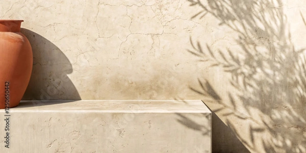 Fototapeta Olive Tree Shadow on Beige Rustic Wall with Clay Pot, Mediterranean Summer Home Architecture and Neutral Aesthetic Design.