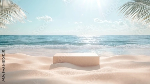 Fototapeta Sandy beach podium for tropical theme with ocean reflection, warm golden sand, gentle sea waves, dreamy sunlight reflection, summer-inspired showcase