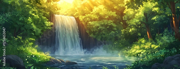 Obraz Sunlit Waterfall, Lush Forest, Game Background