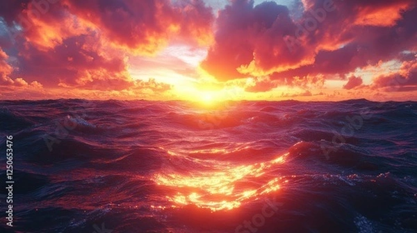 Obraz Fiery ocean sunset, dramatic cloudscape, sea waves, travel poster