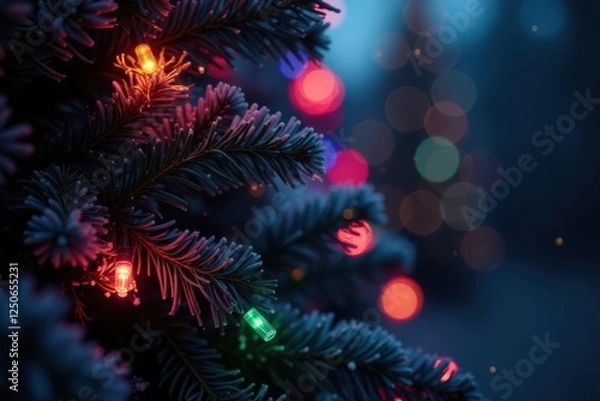 Fototapeta Twinkling multi-colored lights on a dark evergreen tree, tree, magic, fairy lights