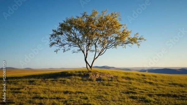 Fototapeta A solitary tree stands on a grassy hill under a clear blue sky.