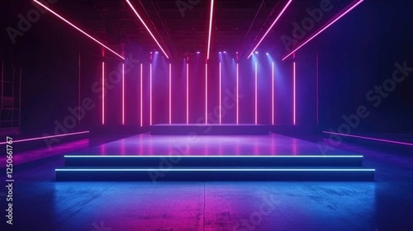 Fototapeta Illuminated stage featuring vibrant neon lights and an empty performance space ideal for events or concerts