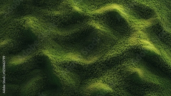 Fototapeta Top view of realistic grass texture with natural diversity in color, featuring small hills and mixed grass types. 