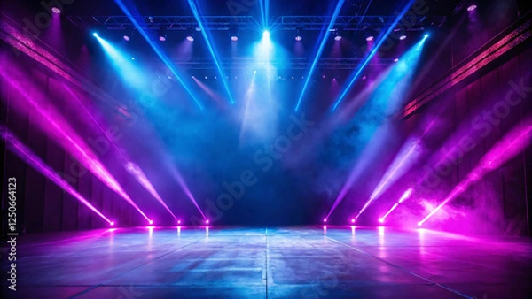 Fototapeta Stage illuminated with vibrant purple and blue lighting, creating an energetic, dynamic atmosphere ideal for a live performance or concert.