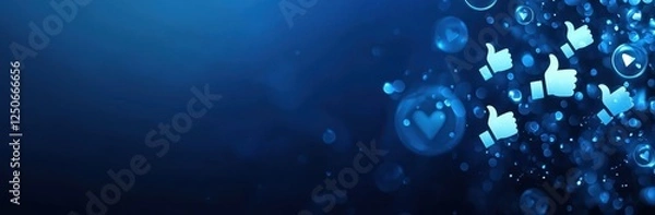 Obraz Blue Background with Floating Thumbs-Up Icons and Social Media Elements
