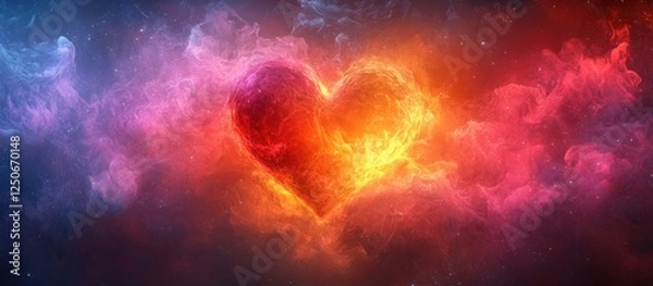 Fototapeta Colorful heart shape glowing in abstract cosmic background representing love, passion, and emotion in vibrant tones of red and orange.