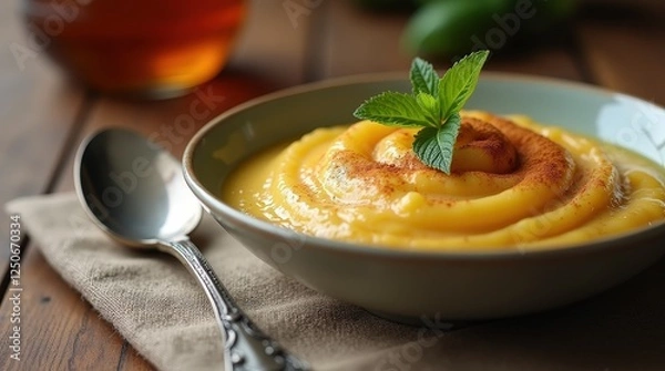 Obraz Majarete served in a bowl with mint garnish and cinnamon sprinkle