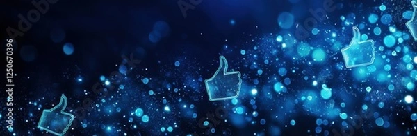 Fototapeta Abstract Blue Background with Glowing Thumbs-Up Icons and Sparkling Light Effects