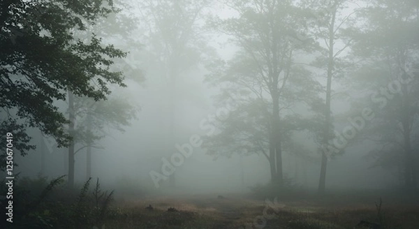 Fototapeta A calming forest landscape covered in soft mist, with a dreamy and ethereal atmosphere, ideal for relaxation, meditation, and wellness themes.