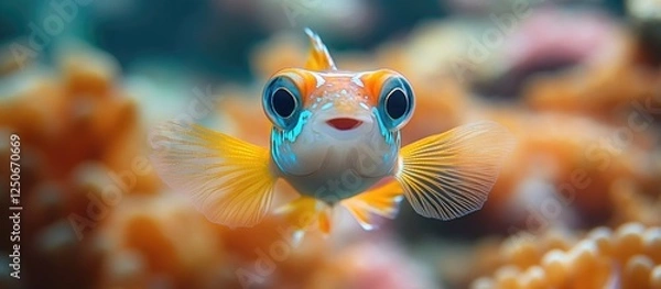 Fototapeta Vibrant portrait of a cheerful globe fish surrounded by a colorful coral reef, showcasing its unique features and playful demeanor.