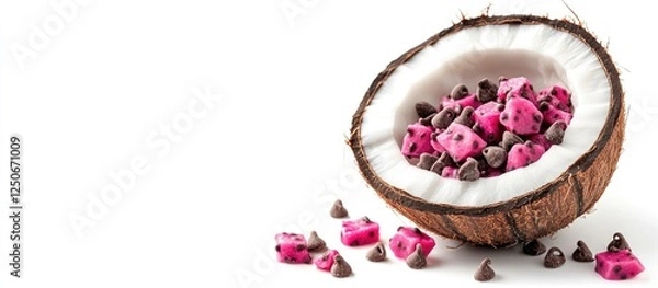 Fototapeta Half Coconut Filled with Chocolate Chips and Dried Pitaya Isolated on White Background with Space for Text or Branding