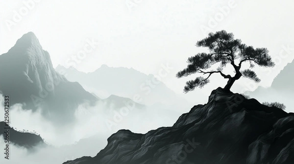 Obraz Black and white mountain landscape with clouds with Chinese painting style.