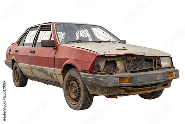 Fototapeta Wrecked car with a damaged front end, isolated on a white background in PNG format with a transparent background.