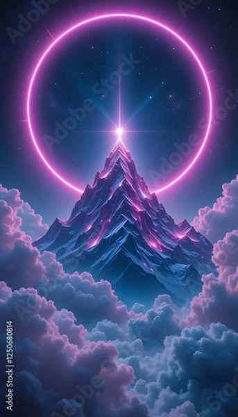 Obraz Majestic Neon-Lit Clouds Surrounding a Towering majestic neon-lit clouds surrounding a towering celestial mountain, bathed in violet and magenta glow, with a radiant energy ring and a star-filled sky