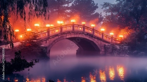 Obraz Glowing fairytale bridge with golden lanterns lighting the way on a misty night. --chaos 20 --ar 16:9 --quality 2 --v 6.1 Job ID: ac60ce90-a125-41b2-b740-f50a2740629d