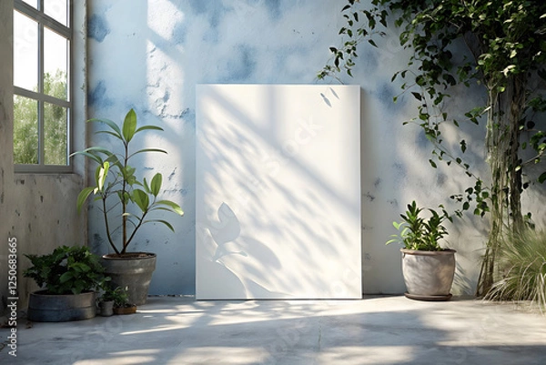 Fototapeta Vertical white rectangle poster mockup with soft diagonal window shadows cast on a smooth gray concrete wall. Minimalist flat lay, top view design, ideal for showcasing artwork or branding.