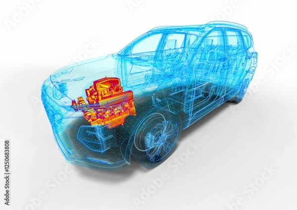Fototapeta 3D render image representing an xray of a car with an overheated engine