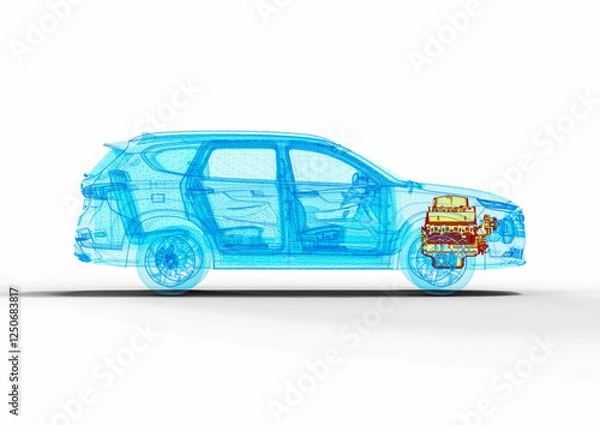 Fototapeta 3D render image representing an xray of a car with an overheated engine