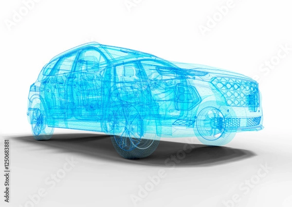 Fototapeta 3D render image of a car in blue wire frame that representing an SUV hologram.
