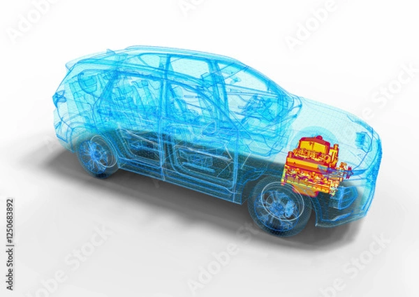 Fototapeta 3D render image representing an xray of a car with an overheated engine