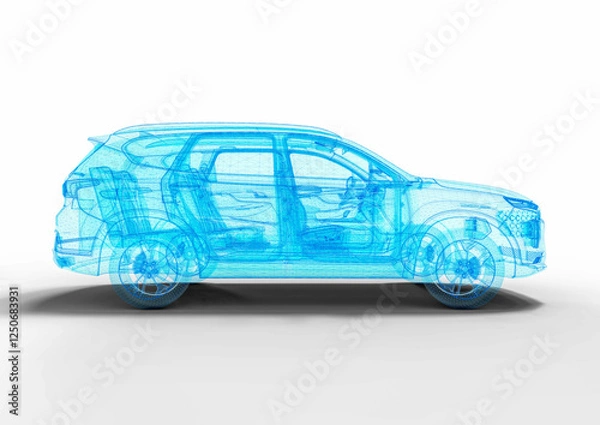 Fototapeta 3D render image of a car in blue wire frame that representing an SUV hologram.