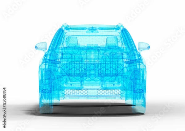 Fototapeta 3D render image of a car in blue wire frame that representing an SUV hologram.
