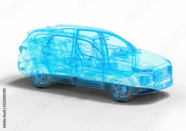 Fototapeta 3D render image of a car in blue wire frame that representing an SUV hologram.