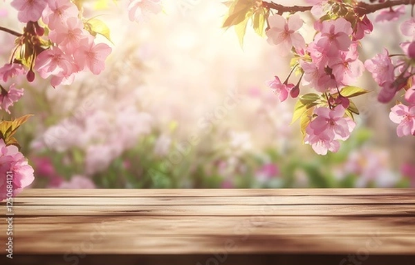 Fototapeta Spring blossoms frame wooden table, sunny garden background, product display