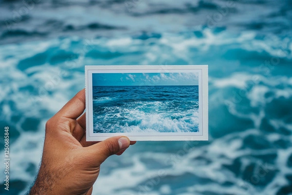 Fototapeta Hand holding a picture of ocean waves against a backdrop of the real sea