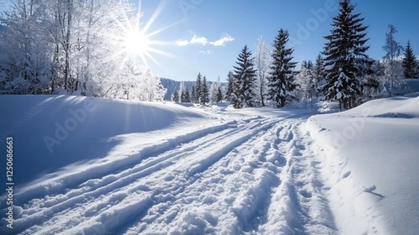 Fototapeta Sunlight streaming through trees covered with fresh snow creating a tranquil winter landscape : Generative AI