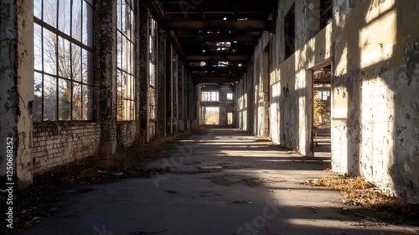 Fototapeta Abandoned Warehouse Interior with Sunlight Streaming Through Windows Creating a Dramatic Atmosphere : Generative AI