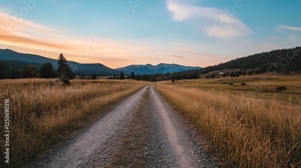 Fototapeta Peaceful dirt road winding through fields and mountains under a tranquil sunset sky : Generative AI