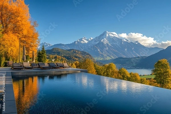 Obraz Alpine autumn infinity pool, mountain view, relaxation