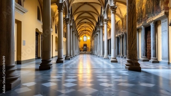 Fototapeta Elegant interior corridor in a historic building featuring grand arches and artistic murals on the walls : Generative AI