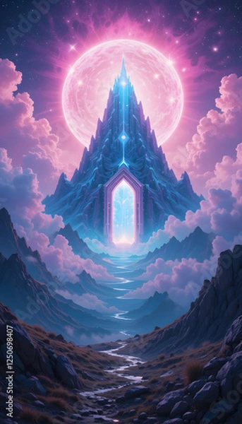 Fototapeta surreal dreamlike landscape with luminescent pink and violet clouds, a glowing crystalline mountain peak, and a radiant celestial gate floating in the cosmic sky