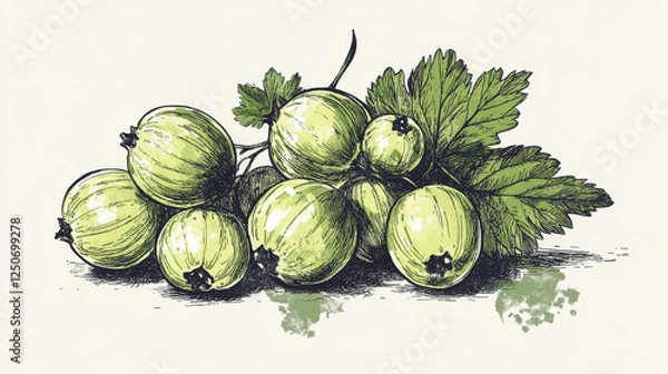 Fototapeta Gooseberry berry color sketch icon. Vector botanical design of gooseberry fruits bunch with leaf for juice or jam dessert or farmer market isolated color sketch symbol