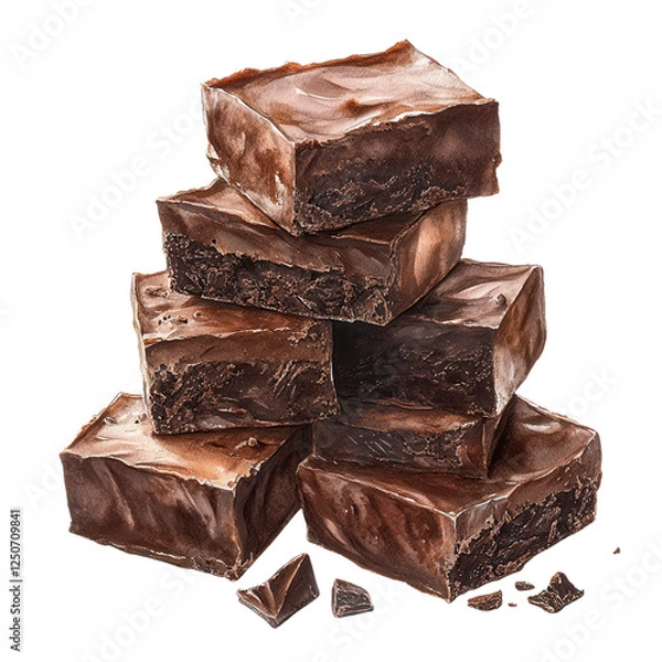 Fototapeta A stack of rich, chocolate fudge squares with a glossy surface, showcasing layers and a decadent appearance.