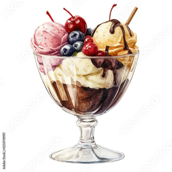 Obraz A vibrant ice cream sundae in a glass dish, featuring scoops of pink, white, and brown ice cream topped with cherries and blueberries.