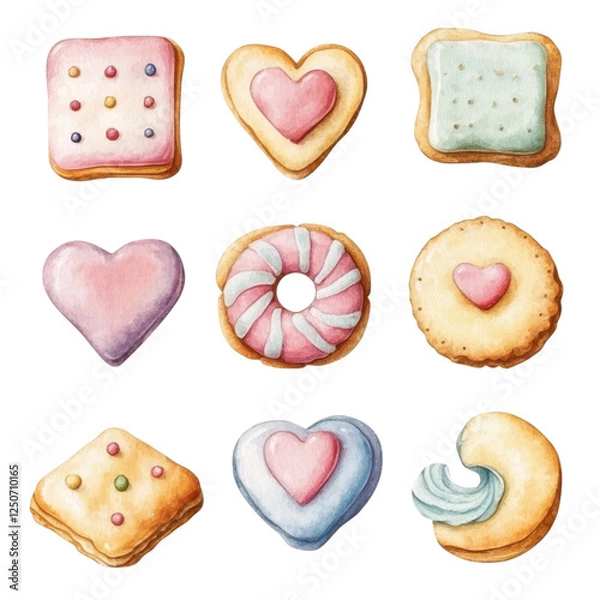 Obraz Colorful decorated cookies arranged in a grid, featuring various shapes like hearts, circles, and squares.